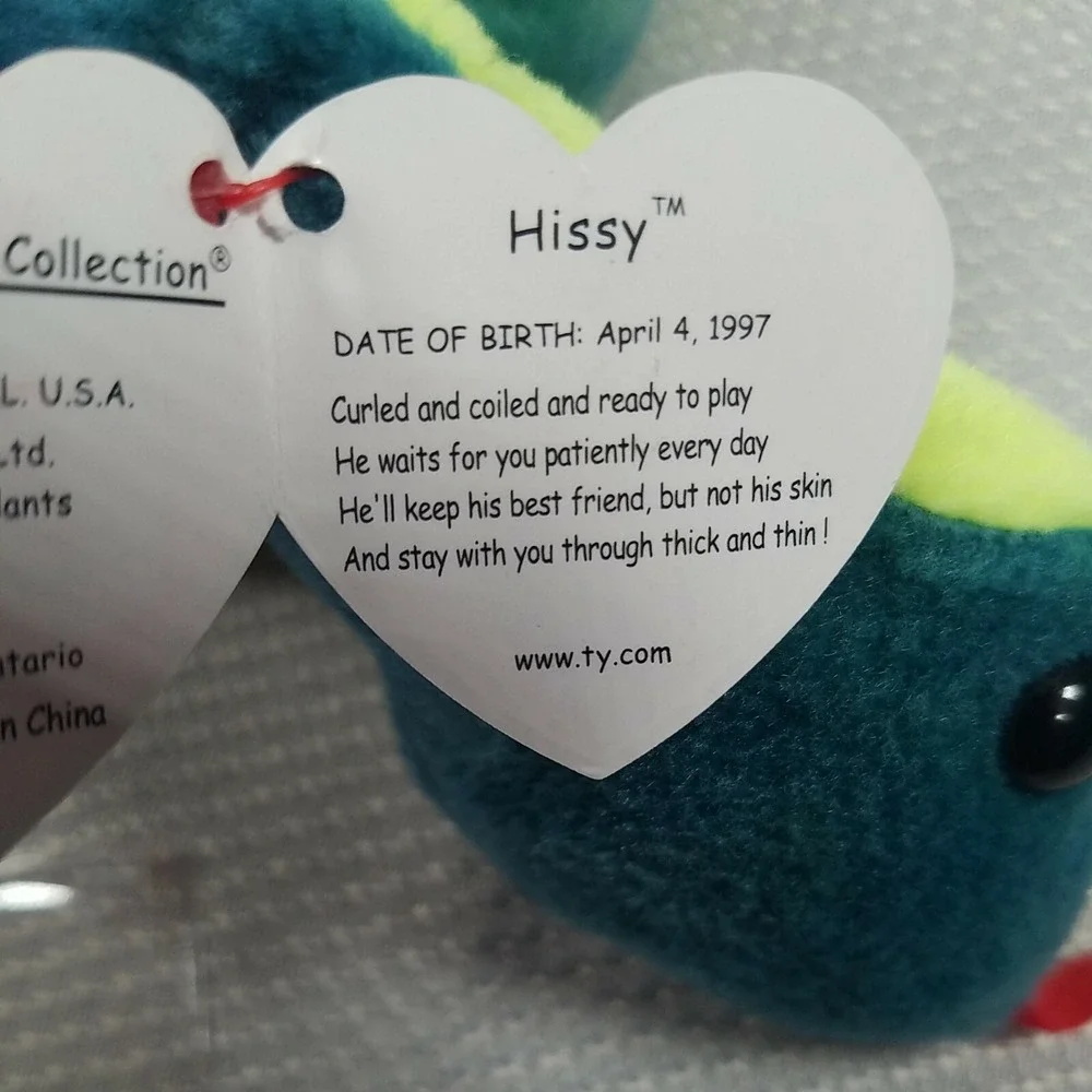 Ty Beanie Babies Baby / Hissy The Snake 1997 /Great Condition w/Tags PVC Pellets